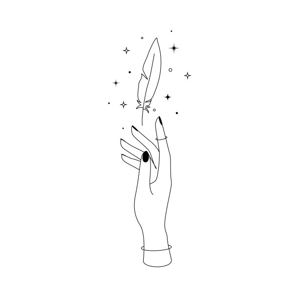 神秘的天空飞行羽毛与星座的星星在女人的手轮廓轮廓。矢量插图的女巫和魔法符号图片下载