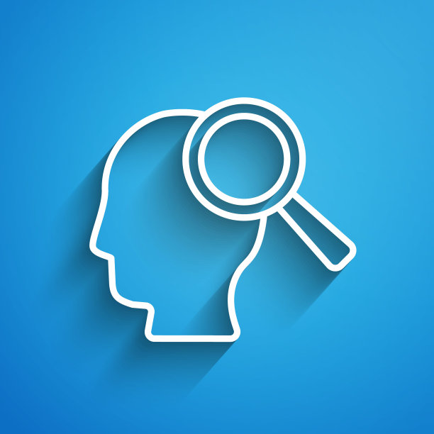 白线放大镜搜索一个人图标孤立在蓝色背景。招聘和选拔。寻找员工和工作。长长的阴影。向量图片下载