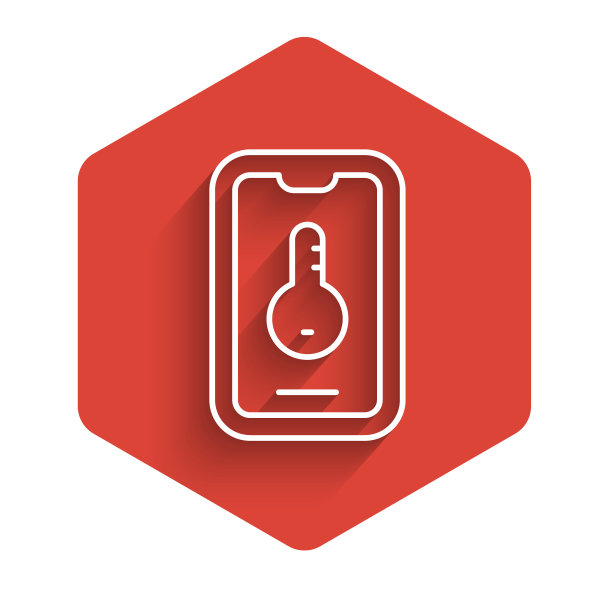 白线在线房地产房子在智能手机图标孤立与长阴影背景。房贷概念，租房，买房，买房。红色的六角按钮。向量图片下载