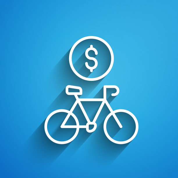 白色线自行车租赁移动应用程序图标孤立在蓝色背景。城市自行车租赁智能服务。手机应用程序共享系统。长长的阴影。向量图片下载