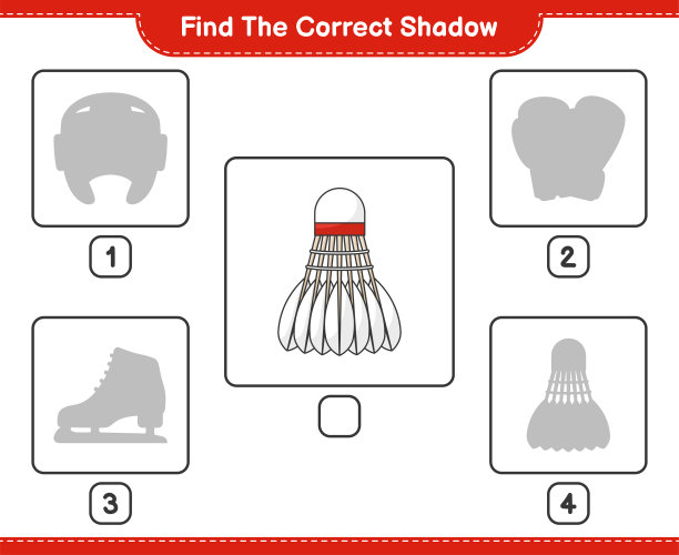 找到正确的阴影。找到并匹配正确的羽毛球影子。教育儿童游戏，可打印的工作表，矢量插图图片下载