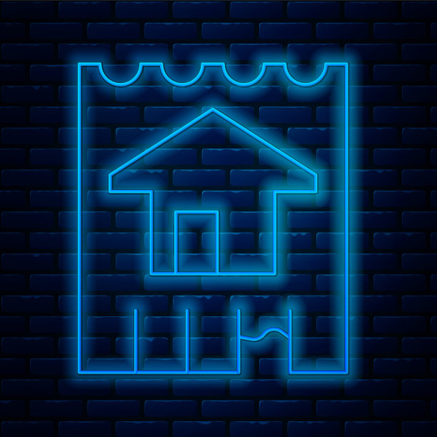 发光的霓虹灯线房子图标孤立在砖墙背景。家的象征。向量图片下载
