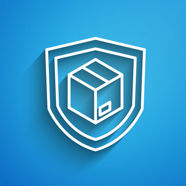 白线交付安全与盾牌图标隔离在蓝色背景。交付保险。保险柜外的硬纸板箱。长长的阴影。向量图片下载