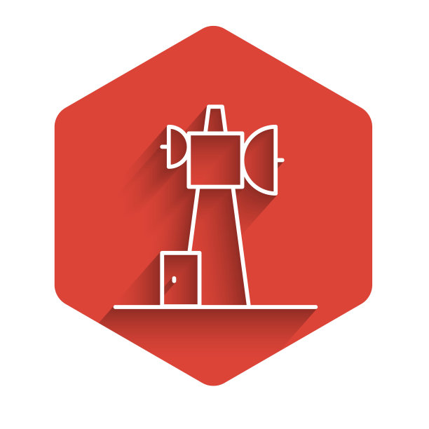 白线天线图标与长阴影背景隔离。无线电天线无线。技术及网络信号无线天线。红色的六角按钮。向量图片下载