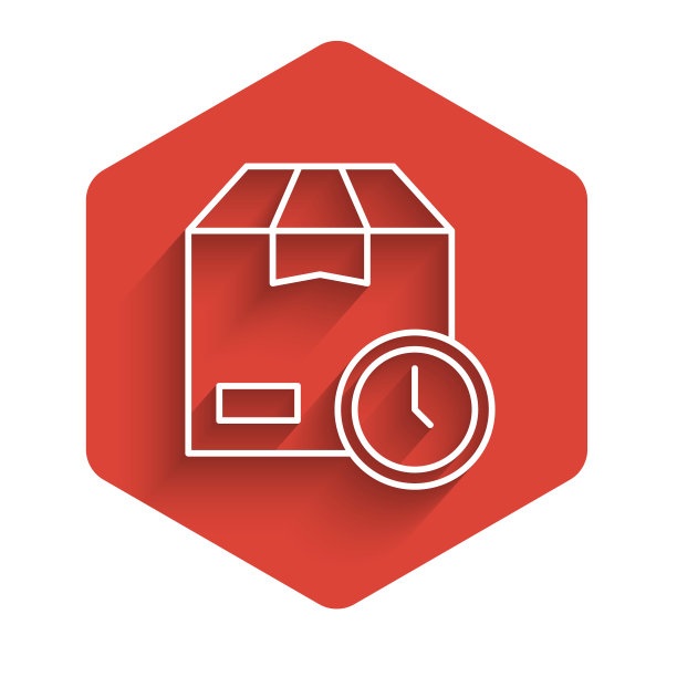 白线纸箱纸箱和快速时间交付图标与长阴影背景隔离。盒子，包裹，包裹签名。交付和包装。红色的六角按钮。向量图片下载