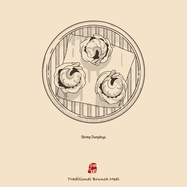 手绘向量点心插图，蒸饺。复古风格的设计。由单色的半色调点和线绘制，易于在不同颜色的背景上使用。图片下载