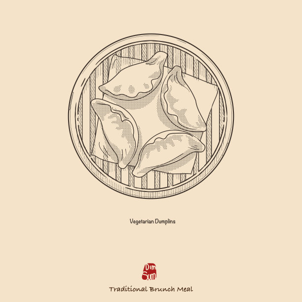 手绘矢量点心插图，素食饺子。复古风格的设计。由单色的半色调点和线绘制，易于在不同颜色的背景上使用。图片下载