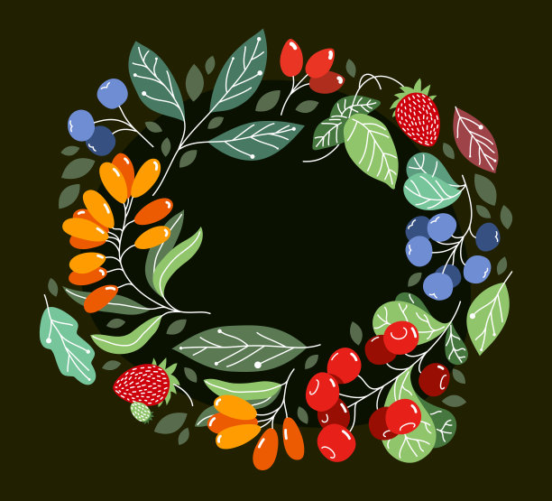 野生浆果新鲜成熟美味健康的食物向量扁平风格圆形花圈框架上方黑暗的背景，圆形边框美味的植物饮食，大自然的馈赠。图片下载