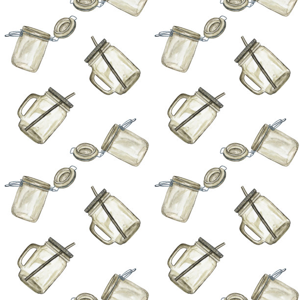 在白色背景上重复玻璃罐的纹理。水彩手绘插图。棕色的空玻璃瓶完美的数码纸，无缝模式，食物菜单。图片下载