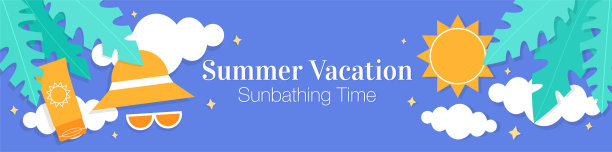 暑假旅行横幅。防晒霜，防晒帽，太阳镜和棕榈叶在紫色多云天空背景网页横幅设计。明亮多彩的平面纸艺术矢量插图图片下载