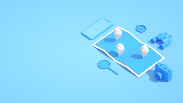 假日旅行目的地蓝色背景，导航定位针，等角投影图片下载