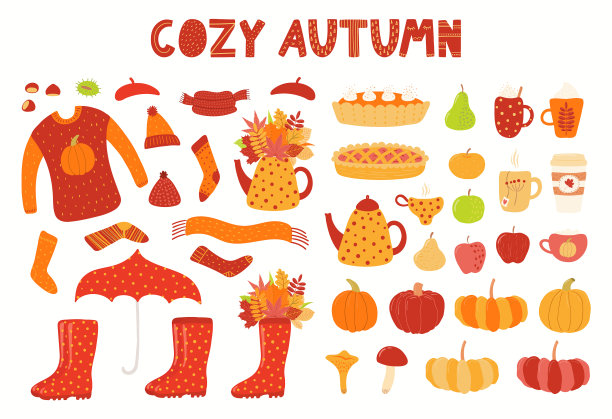 秋天元素剪贴画集树叶食物衣服图片下载