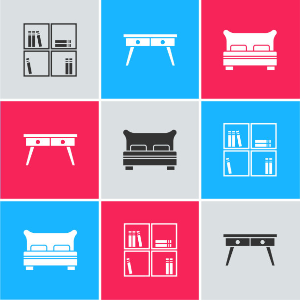 设置书架与书籍，办公室书桌和大床图标图片下载