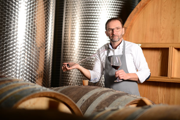 一个成熟的男人在酒窖里用木桶品酒的肖像图片下载