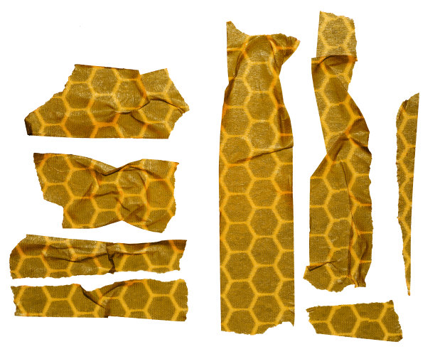 一块块的黄色布条贴在白色的背景上。图片下载