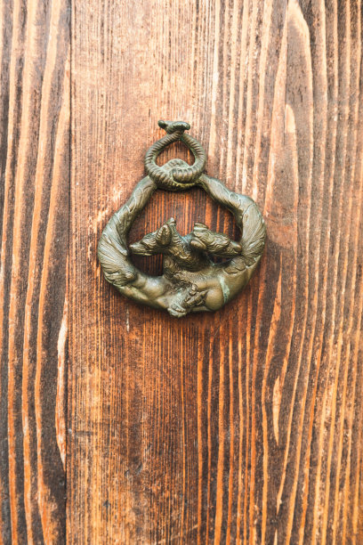 带门环的木门。表面纹理。抽象垃圾鲜明的色彩背景具有老化效果。Copyspace。图片下载