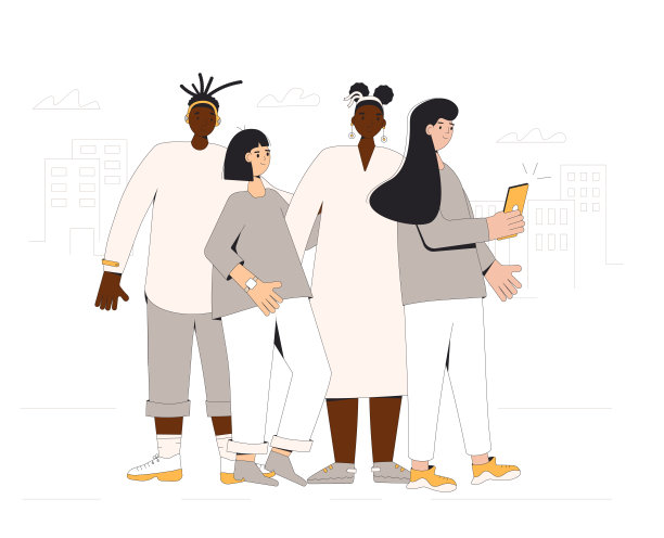 一群不同的青少年站在一起，用智能手机自拍。年轻的朋友们穿着休闲装。六个女孩和男孩互相拥抱。矢量插图。图片下载