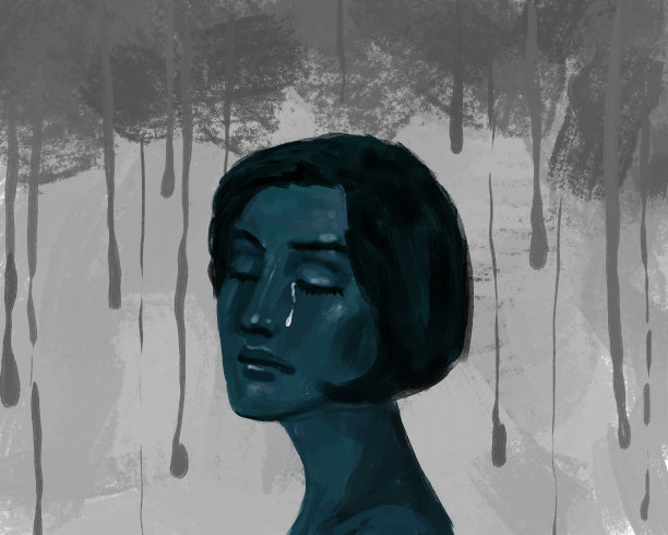 抑郁的女人在雨滴下哭泣，象征着糟糕的情绪状态图片下载