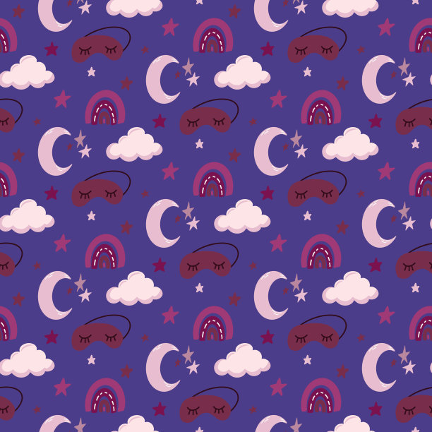 婴儿房明亮多彩的无缝图案与月亮，星星，云，睡眠面具。可爱的手绘矢量背景打印。晚安的概念。对纺织面料的想法图片下载