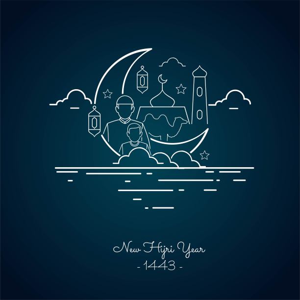 1443伊斯兰新年矢量插画，单线设计图片下载