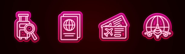 行李遗失，护照，机票，环球机票。发光的霓虹灯图标。向量图片下载