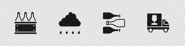 设置酒瓶在盒子里，云与雨，和酒卡车图标。向量图片下载