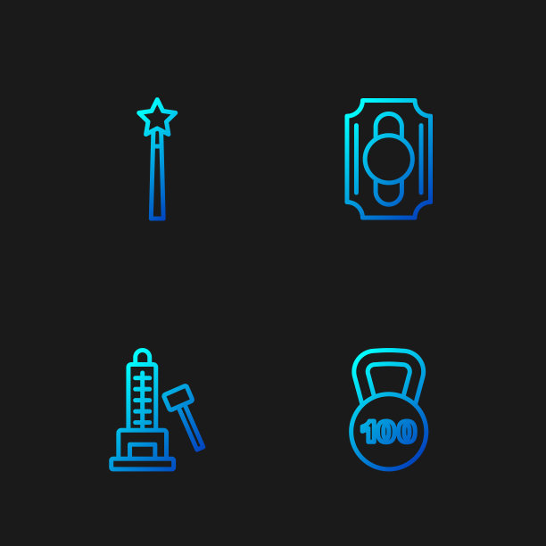 用锤子，魔术棒和马戏团票设置线重量，射手吸引力。渐变颜色图标。向量图片下载