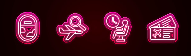 设置航班窗口，搜索，候机人员和机票。发光的霓虹灯图标。向量图片下载