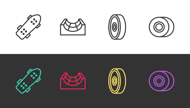 设置线滑板，公园，滚珠轴承和车轮上的黑色和白色。向量图片下载