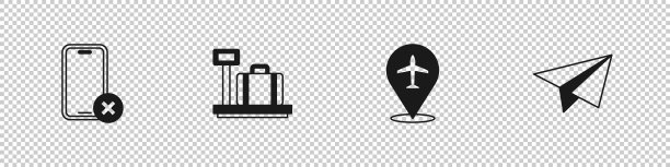 设置无手机，手提箱缩放，飞机和纸飞机图标。向量图片下载