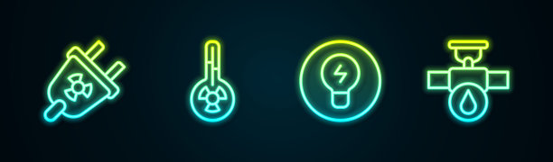 设置线路辐射电器插头，气象温度计，灯泡概念和工业管道和阀门。发光的霓虹灯图标。向量图片下载