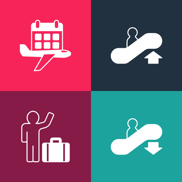 设置波普艺术自动扶梯下来，游客手提箱，和日历和飞机图标。向量图片下载