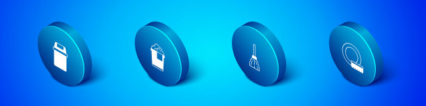 设置等距垃圾桶，扫帚，洗碗和桶泡沫图标。向量图片下载