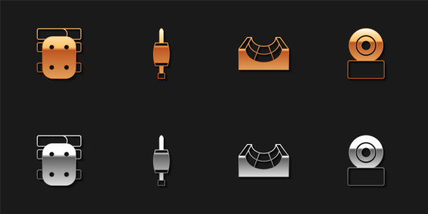 设置膝盖垫，螺丝刀，滑板公园和滑板车轮图标。向量图片下载