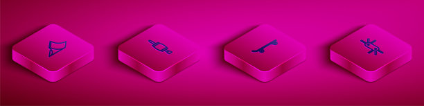 设置等距线滑板公园，螺丝刀，滑板和工具艾伦键图标。向量图片下载