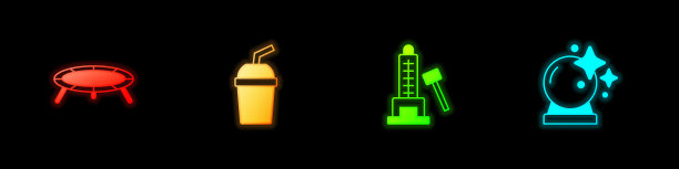 设置跳跃蹦床，纸玻璃与水，射手吸引锤和魔术球图标。向量图片下载