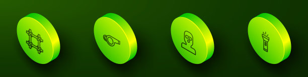 设置等距线监狱窗口，哨子，小偷面具和手电筒图标。向量图片下载