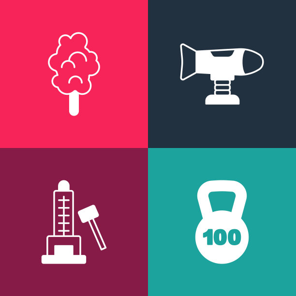 设置流行艺术重量，打击吸引锤子，秋千平面和棉花糖图标。向量图片下载