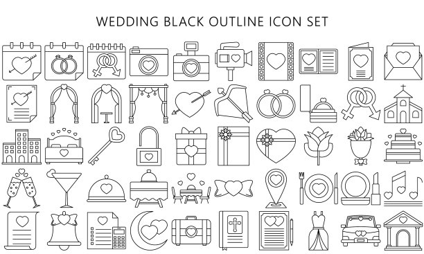 收集婚礼细线图标集图片下载