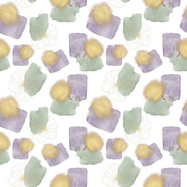 无缝模式与水彩斑点，紫色和绿色的颜色，金色亮片和一个轮廓花模式图片下载