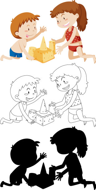 孩子们在建造彩色和轮廓的沙城堡图片下载