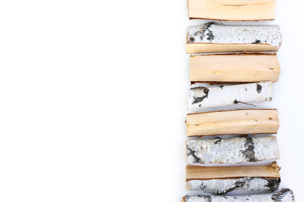 在白色背景上孤立的柴火。行桦木圆木，营火。特写,俯视图。图片下载