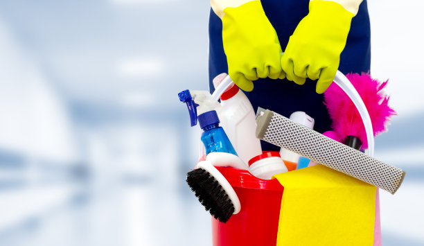 负责公共建筑清洁用品的女清洁工。清洁和消毒的概念图片下载