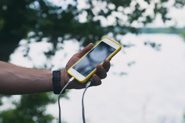 这家伙手里拿着一个便携式充电器和一部智能手机。在一片绿色和一片湖泊的自然背景下的人图片下载