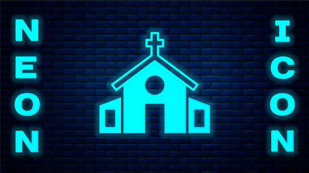 霓虹灯闪烁的教堂建筑图标孤立上图片下载