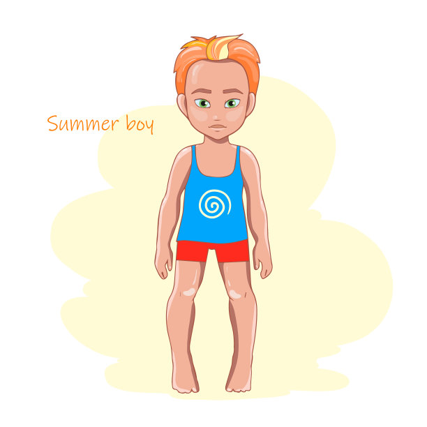 穿t恤和短裤的男孩。夏天的卡通插图。向量。夏天穿着泳衣的可爱男孩图片下载