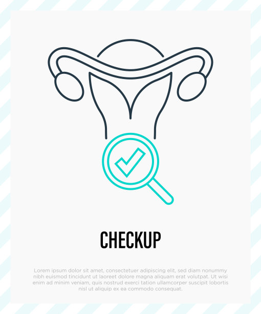 妇科检查。医学考试。子宫和卵巢在放大镜下与蜱。细线图标。矢量插图。图片下载