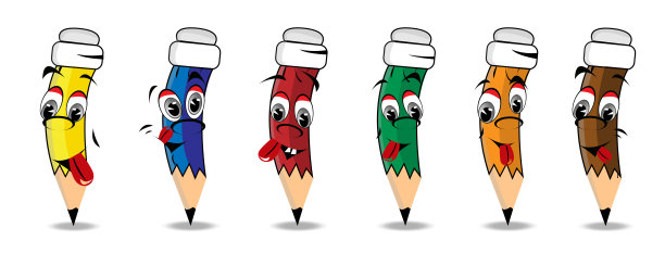 一组快乐的卡通铅笔与脸，在矢量插图孤立在白色的背景。人性化的有趣铅笔微笑，眨眼，露出舌头图片下载
