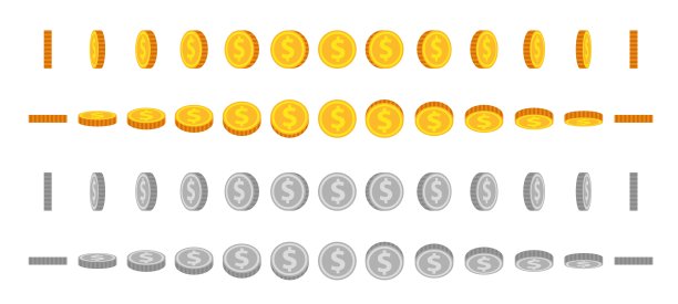 卡通硬币动画精灵。金币和银币翻转和旋转。圆形美元的动画游戏。金钱图标在角度视图向量集图片下载