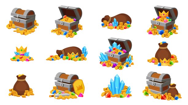 卡通的宝藏。游戏图标打开的箱子和袋子与金币，宝石，王冠和水晶。中世纪货币，海盗宝物向量集图片下载